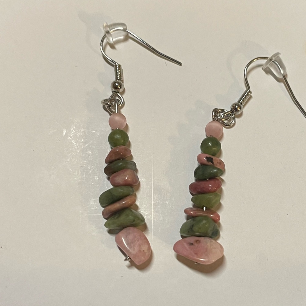 Handmade Pink and Green Stone Dangle Earrings